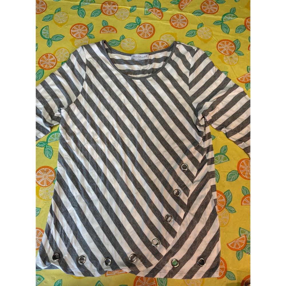 Keren Hart Striped Grommet Top‎ Womens XL Grey White